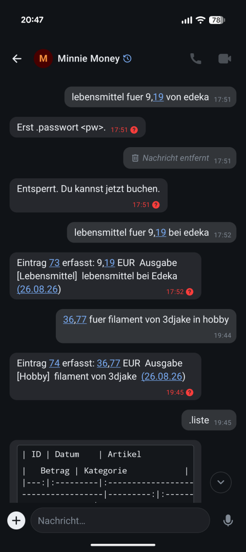 Screenshot von Buchungsvorgängen im Matrix-Chat.